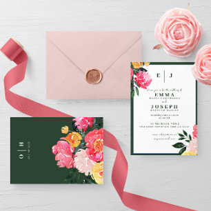 Pink Peony Boquet Floral on green Wedding Invitation