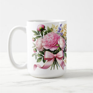 Pink Peony Bouquet Mug, Elegant Floral Coffee Cup