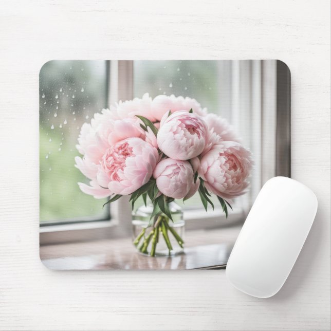 Pink Peony Bouquet On A Rainy Day Mouse Pad (With Mouse)