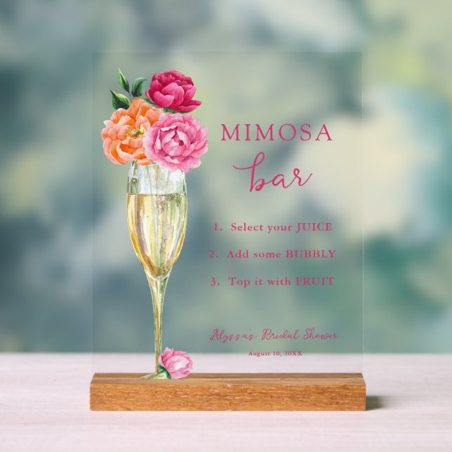 Pink Peony Bright Floral Mimosa Bar Shower Acrylic Sign (Neutral)