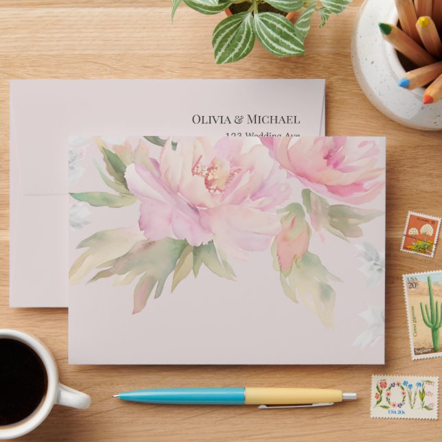 Pink peony Elegant Watercolor Wedding Envelope (Desk)