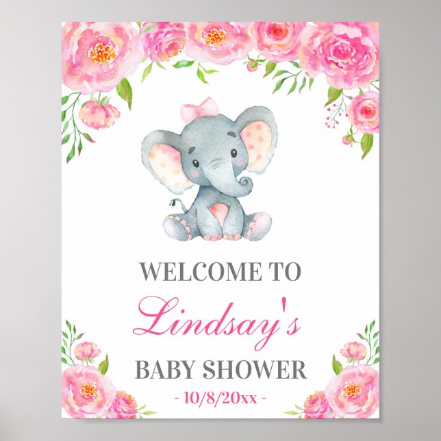 Pink Peony Elephant Girl Baby Shower Welcome Sign (Front)