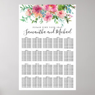 Pink Peony Floral 20-Table Wedding Seating Chart