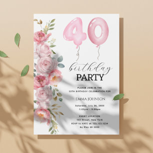 Pink Peony Floral Balloon 40th Birthday Party Invitation