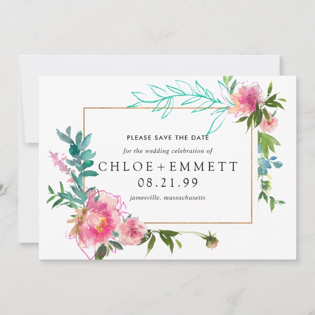 Pink Peony Floral Enregistrer la date Invitation (Devant)
