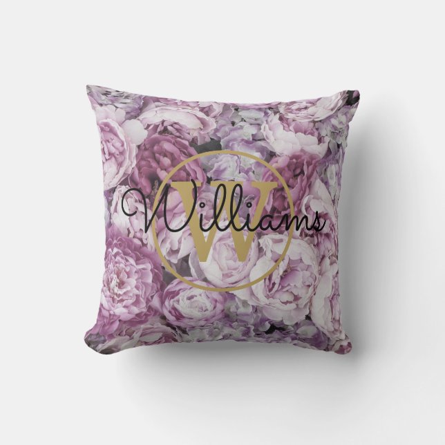Pink Peony Floral Gold Monogram Name Throw Pillow (Front)