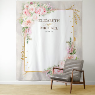 Pink Peony Floral Gold Script & Frame Backdrop Tapestry