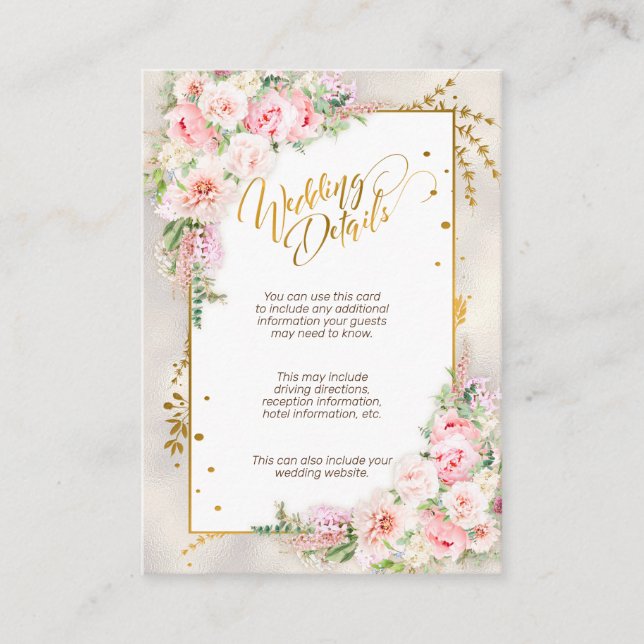 Pink Peony Floral Gold Script & Frame Details Enclosure Card (Front)