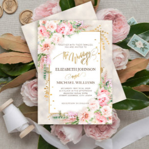 Pink Peony Floral Gold Script & Frame Invitation