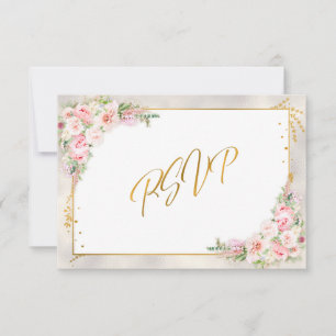 Pink Peony Floral Gold Script & Frame RSVP Card