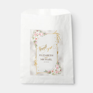 Pink Peony Floral Gold Script & Frame Wedding Favour Bag
