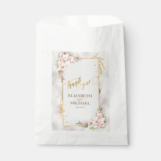 Pink Peony Floral Gold Script & Frame Wedding Favour Bag (Front)