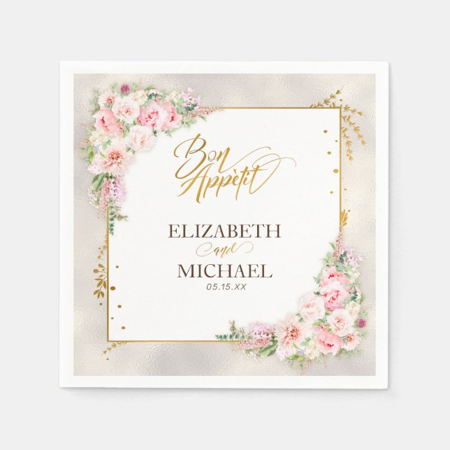 Pink Peony Floral Gold Script & Frame Wedding Napkin (Front)