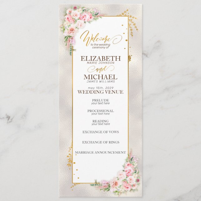 Pink Peony Floral Gold Script & Frame Wedding Program (Front)
