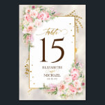 Pink Peony Floral Gold Script & Frame Wedding Table Number<br><div class="desc">Create the perfect wedding table number with this trendy,  elegant design featuring pink peony floral watercolor,   it's gold script & frame. For matching products contact designer via Zazzle Designer Chat. Copyright Elegant Invites,  all rights reserved.</div>