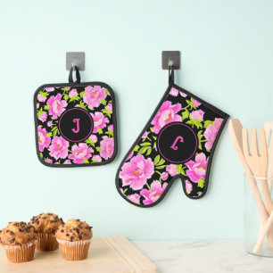 Pink Peony Floral Monogram Oven Mitt & Pot Holder Set