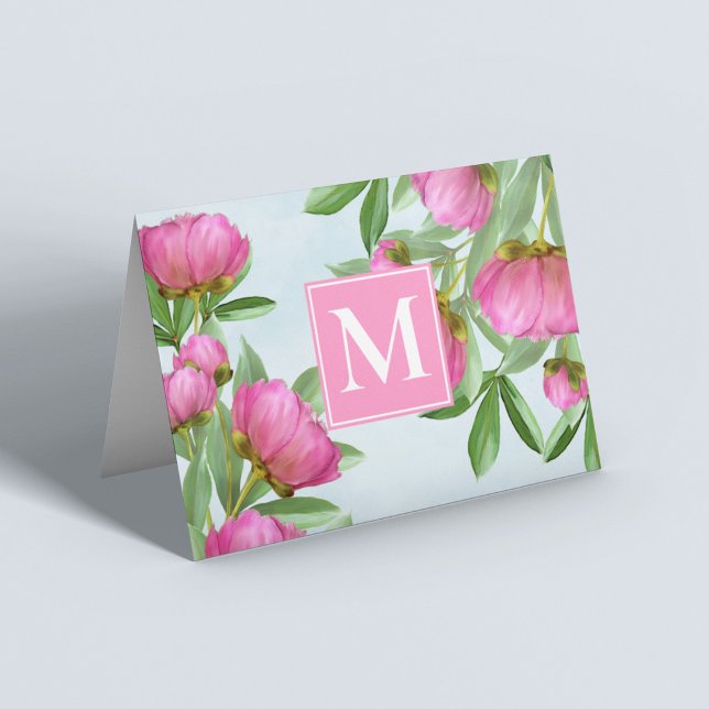 Pink Peony Floral Monogram Personalized Note Card (Creator Uploaded)