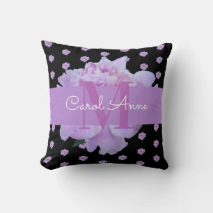 Pink Peony Floral Monogram Purple Black Throw Pillow