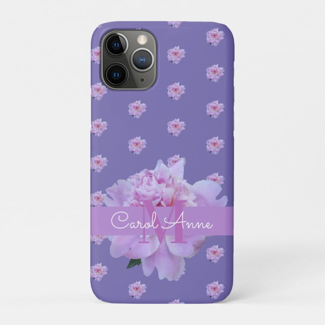 Pink Peony Floral  Monogram Purple Case-Mate iPhone Case (Back)