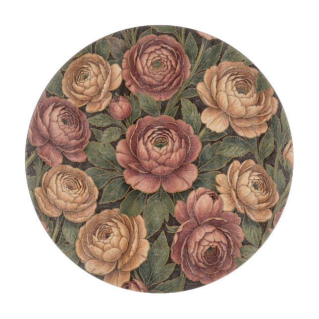 Pink Peony Floral Pattern Dark Background Gold  Cutting Board (Front)
