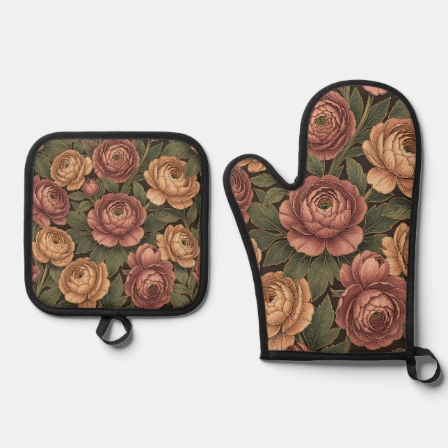 Pink Peony Floral Pattern Dark Background Gold  Oven Mitt & Pot Holder Set (Front)