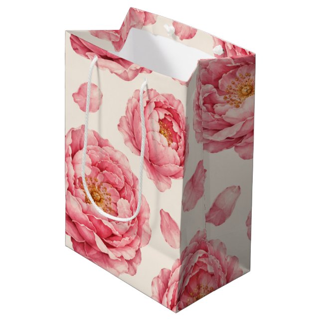 Pink Peony Floral Pattern Medium Gift Bag (Front Angled)