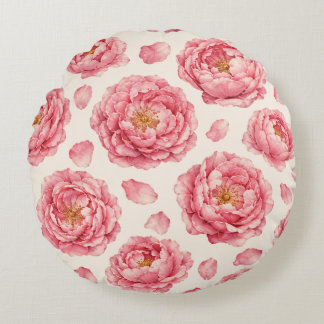 Pink Peony Floral Pattern Round Pillow