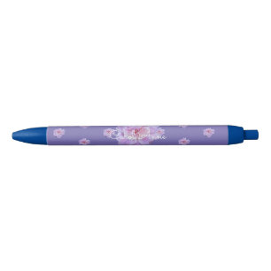 Pink Peony Floral Purple Name Blue Ink Pen
