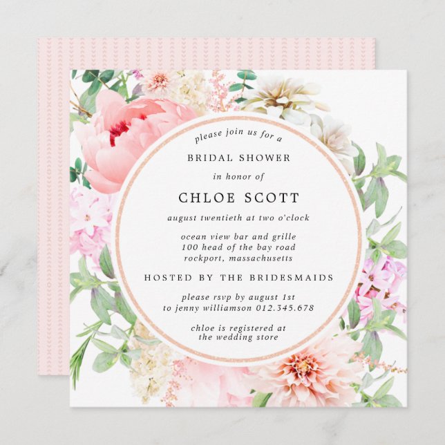 Pink Peony Floral Square Bridal Shower Invitation (Front/Back)