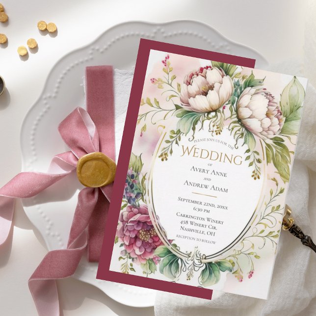 Pink Peony Floral Vintage Wedding Invitation (Creator Uploaded)