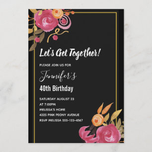 Pink Peony Floral Watercolor Bouquet Birthday Invitation