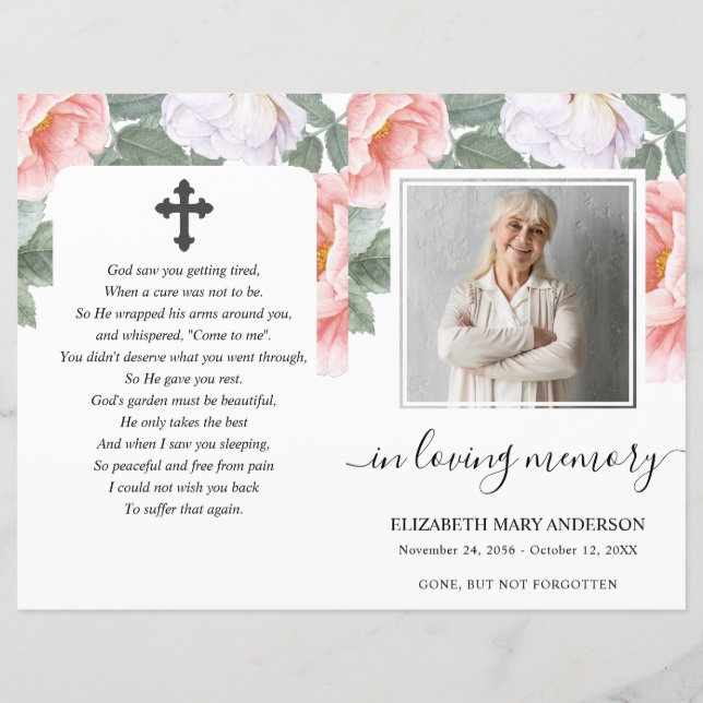 Pink Peony Floral Watercolor Photo Funeral Program (Front)