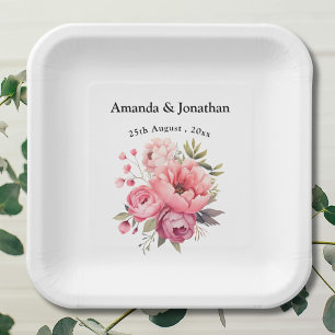 Pink Peony Flower Bouquet Monogram Wedding  Paper Plate