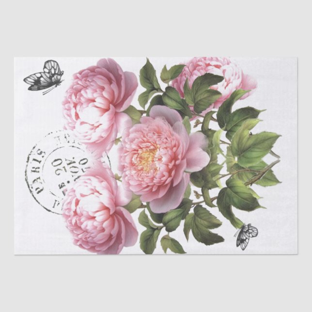 Pink Peony Flower Butterfly French Postmark Craft Tissue Paper (Front)