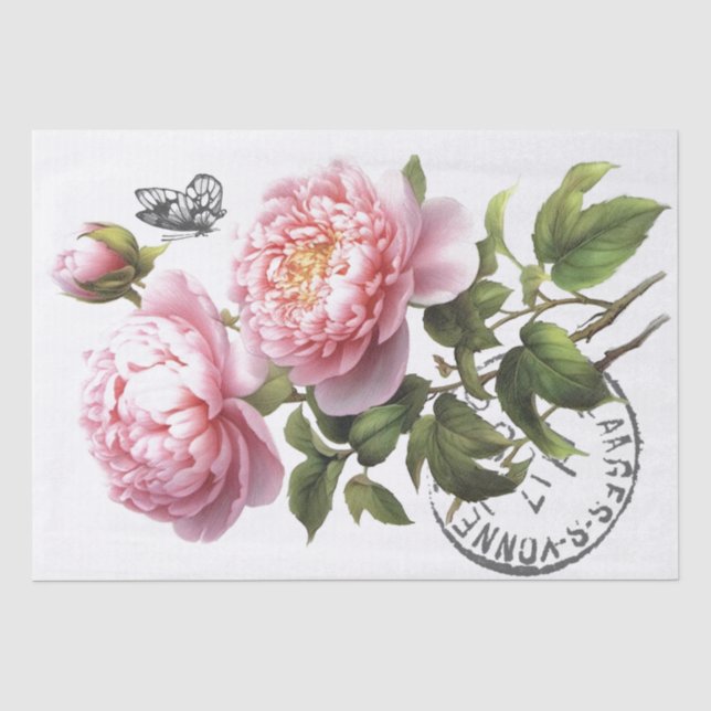 Pink Peony Flower Butterfly French Postmark Craft  Tissue Paper (Front)