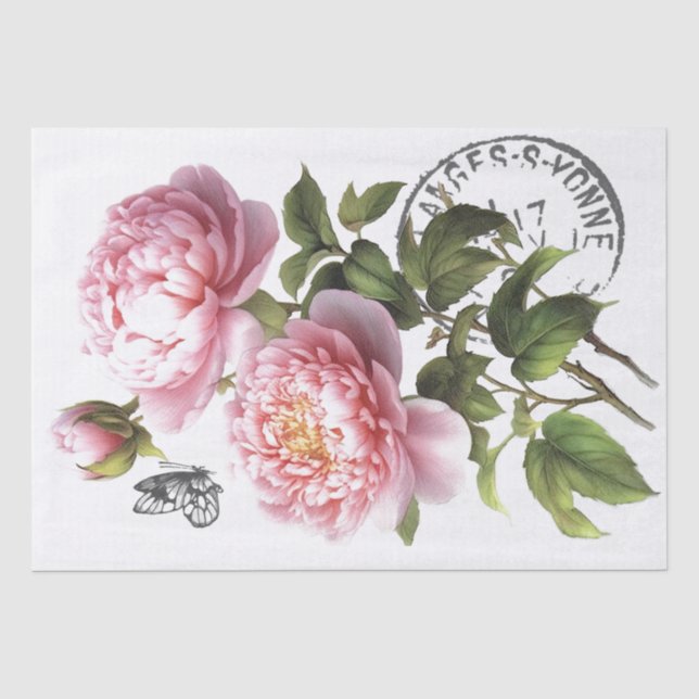 Pink Peony Flower Butterfly French Postmark Craft  Tissue Paper (Front)