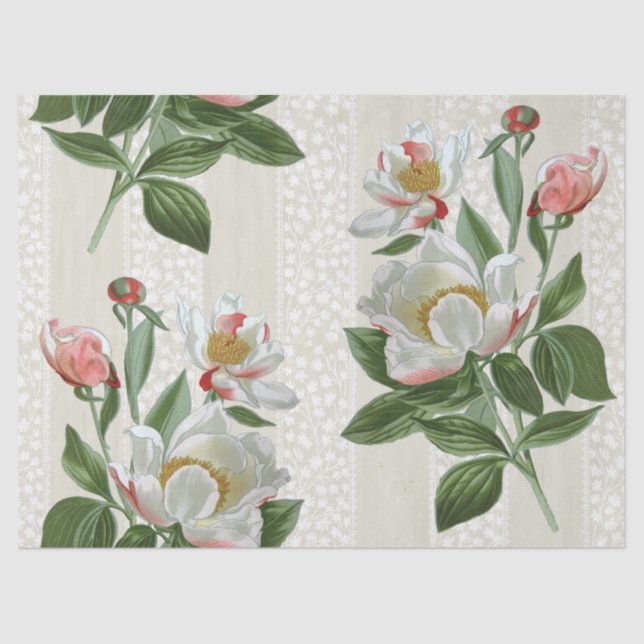 Pink Peony Flower Floral Lace Stripe Decoupage  Tissue Paper (Front)