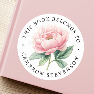 Pink peony flower library book label