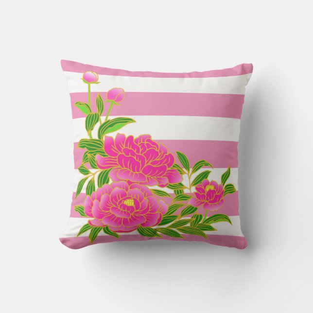 Pink Peony Flower on Striped Background Summer Outdoor Pillow (Front)