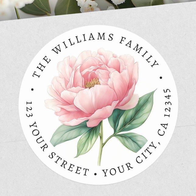Pink peony flower painting return address classic round sticker (Pink peony flower painting return address classic round sticker)