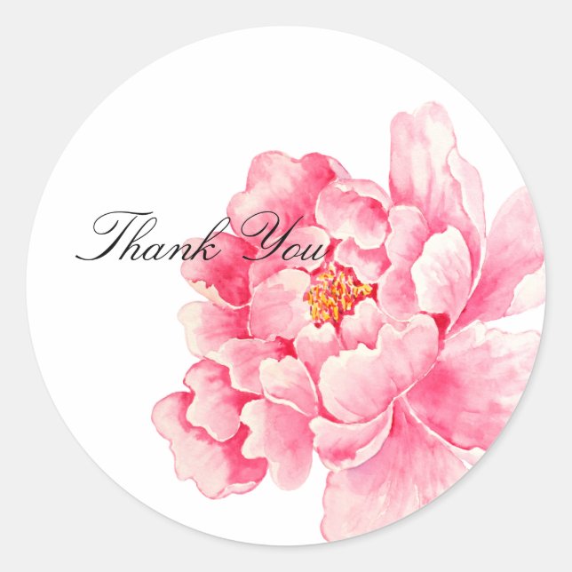 Pink Peony Flower Thank you Classic Round Sticker (Front)