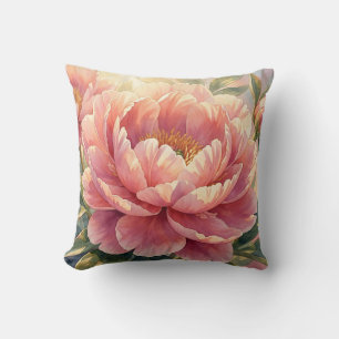 Pink Peony Flower Vintage Watercolor Botanical Throw Pillow