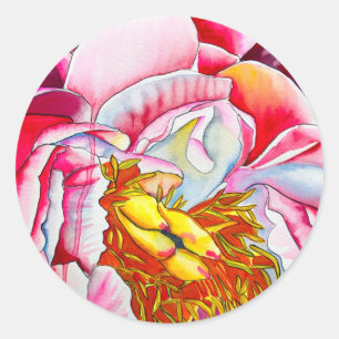 Pink peony flower watercolor classic round sticker