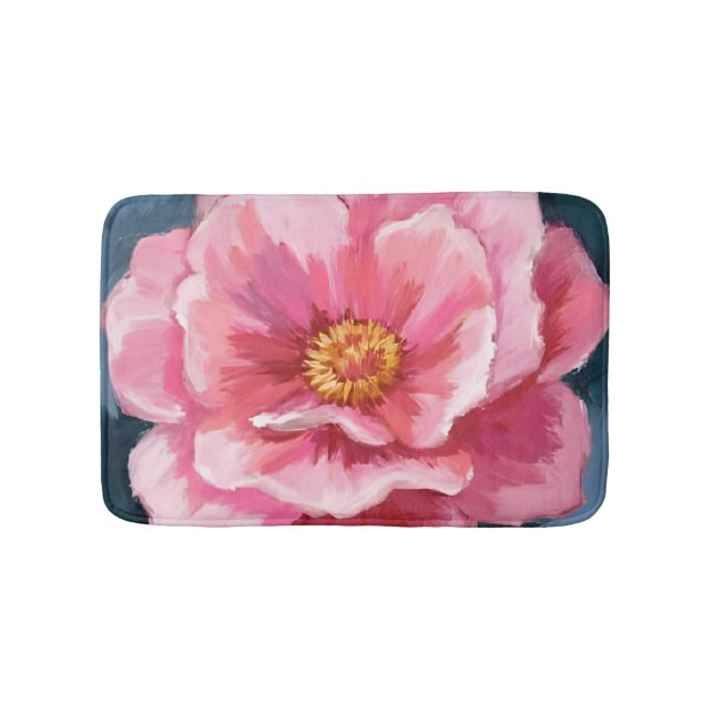 Pink Peony Flower Watercolor Floral Bath Mat (Front)
