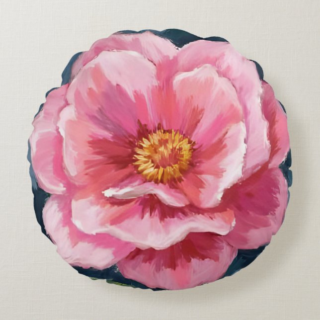 Pink Peony Flower Watercolor Floral Round Pillow (Front)