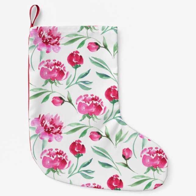 Pink peony flower watercolor seamless pattern small christmas stocking (Front)