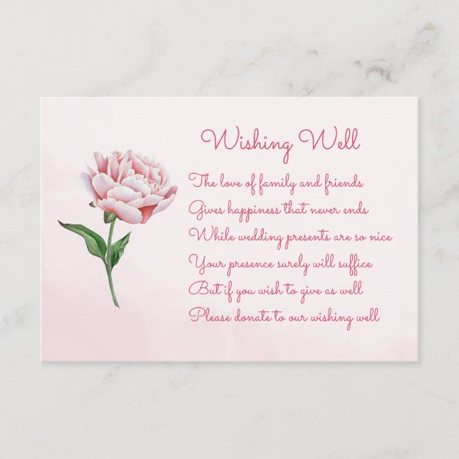 Pink Peony Flower Wedding Wishing Well Cards (Front)