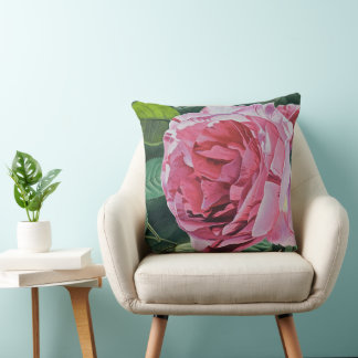 Pink Peony flower with green leaves, Large Throw Pillow