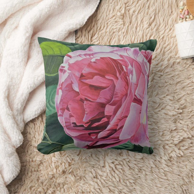 Pink Peony flower with green leaves, solid back, Throw Pillow (Blanket)