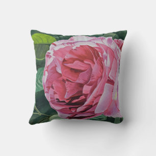 Pink Peony flower with green leaves, square Throw Pillow